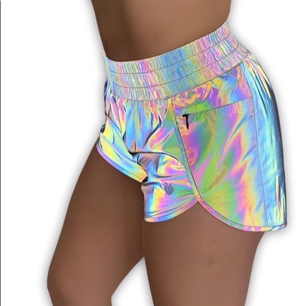 NWT FlexLiving rainbow reflective track shorts